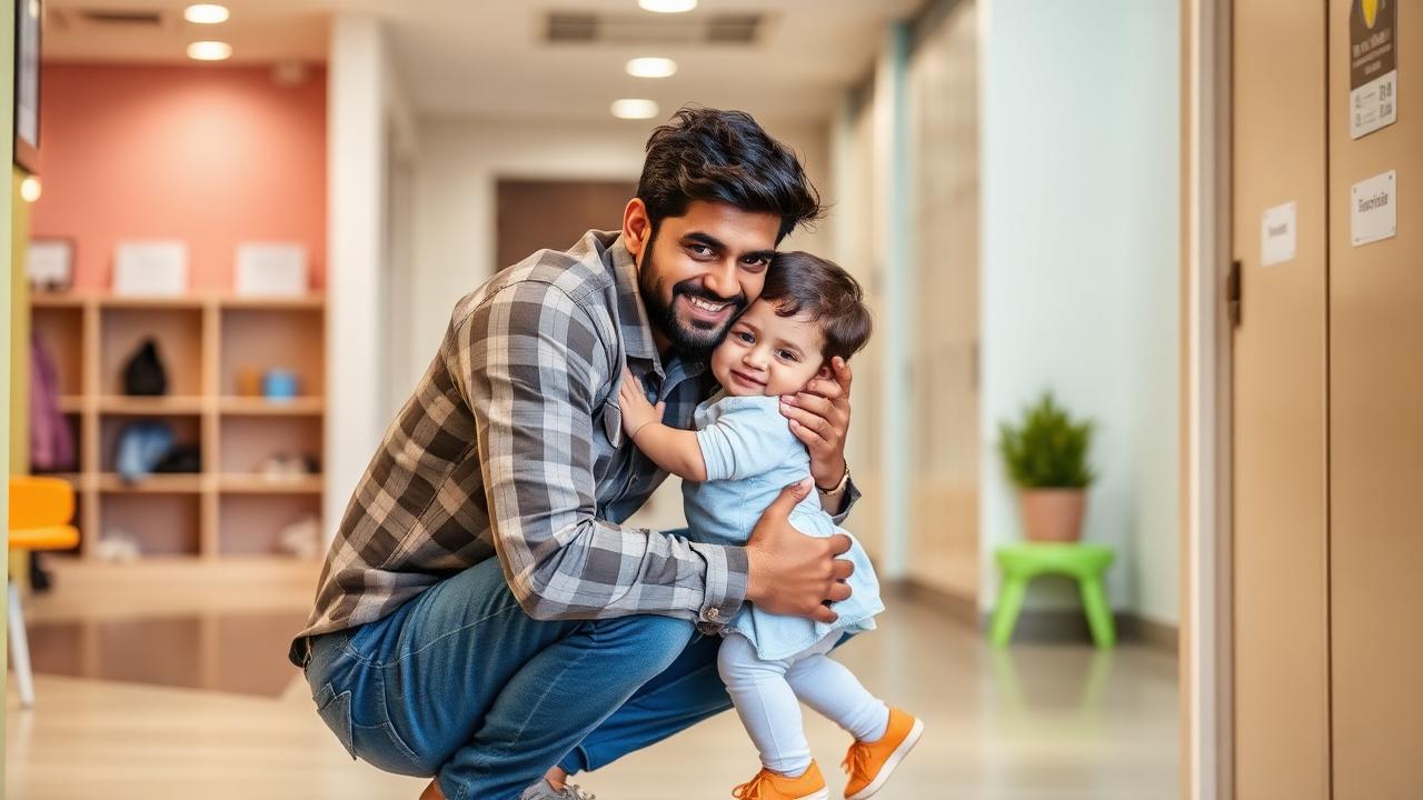 A young Indian father in a casual shirt hugging his toddler at a daycare entrance in Gurgaon.