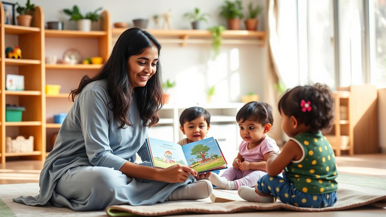 A daycare caregiver in Gurugram reading a picture book to three toddlers on a play mat in a sunlit classroom.