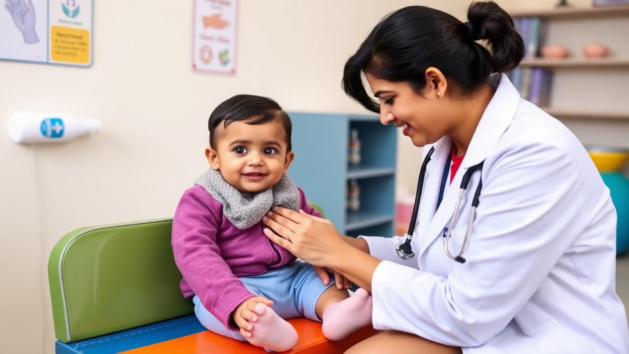 Indian pediatrician examining a smiling toddler at a Gurugram daycare check-up bench.