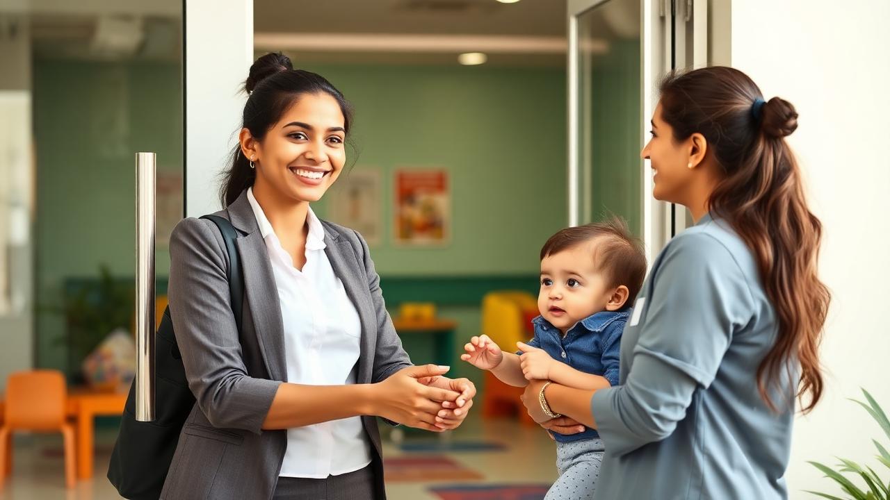 A young Indian working mother in business casual handing her toddler to a daycare caregiver at a Gurugram daycare entrance.